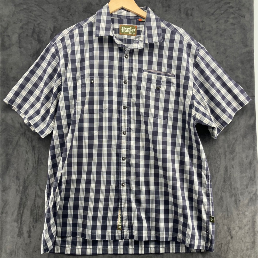 Howler Bros Mens XL Blue White Plaid Short Sleeve Button Down Shirt Pockets